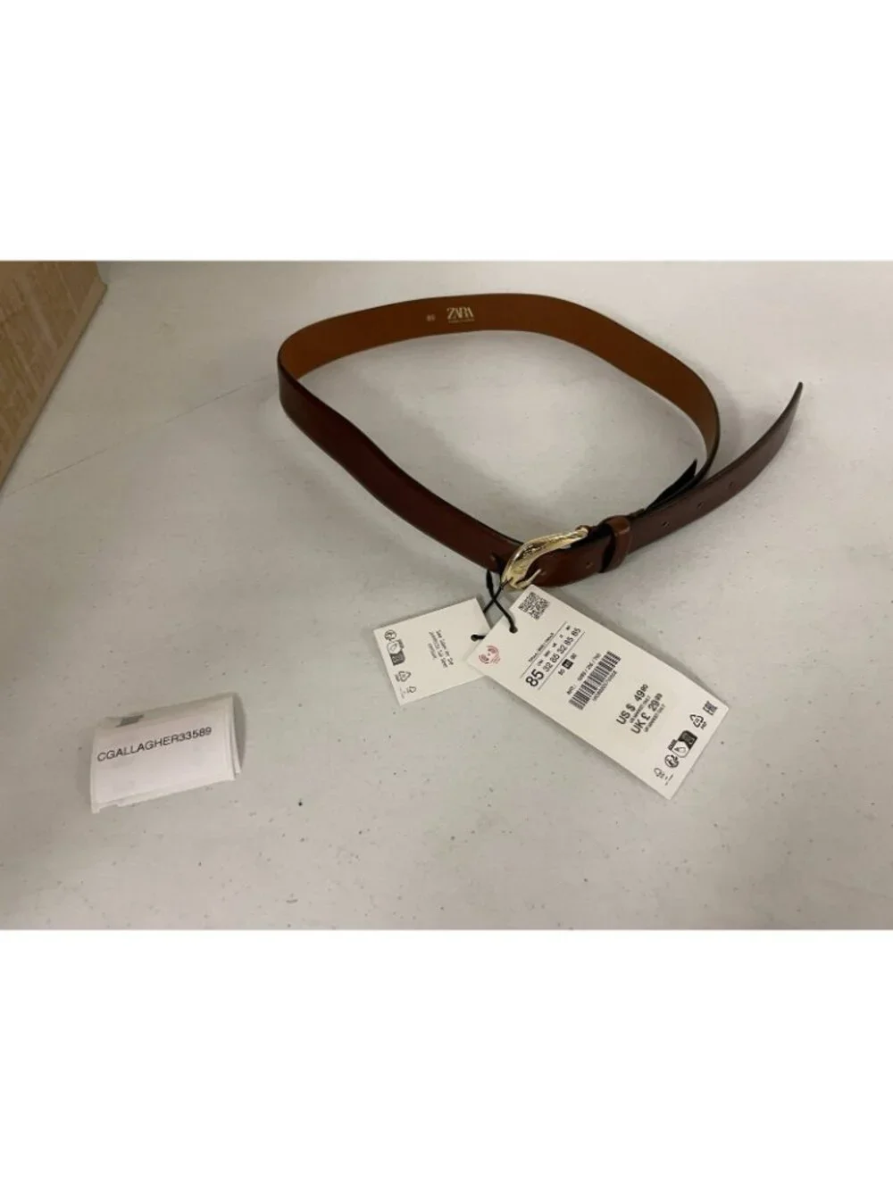 New Zara Brown Leather Belt EU 85 US 32 Gold Tone Buckle NWT